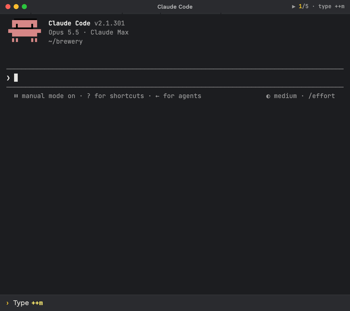 Claude Code terminal recorded from a real session. With ++m typed, the caret on it shows the lines Claude receives in bold bright text, cut to fit with ... 16 more lines · whole text: /placeholders show ++m or ++m? alone [Enter], both actions underlined, then not sent now · plan mode adds 18 lines in teal, Claude Code's plan-mode colour. Typing ? makes ++m?; Enter fills the box with /placeholders show ++m and a notice says it was not sent to Claude; Enter again prints the whole ++m text, plan-mode part included, in the chat without a Claude turn. Scrolled up, the output starts with ++m · full text as sent.