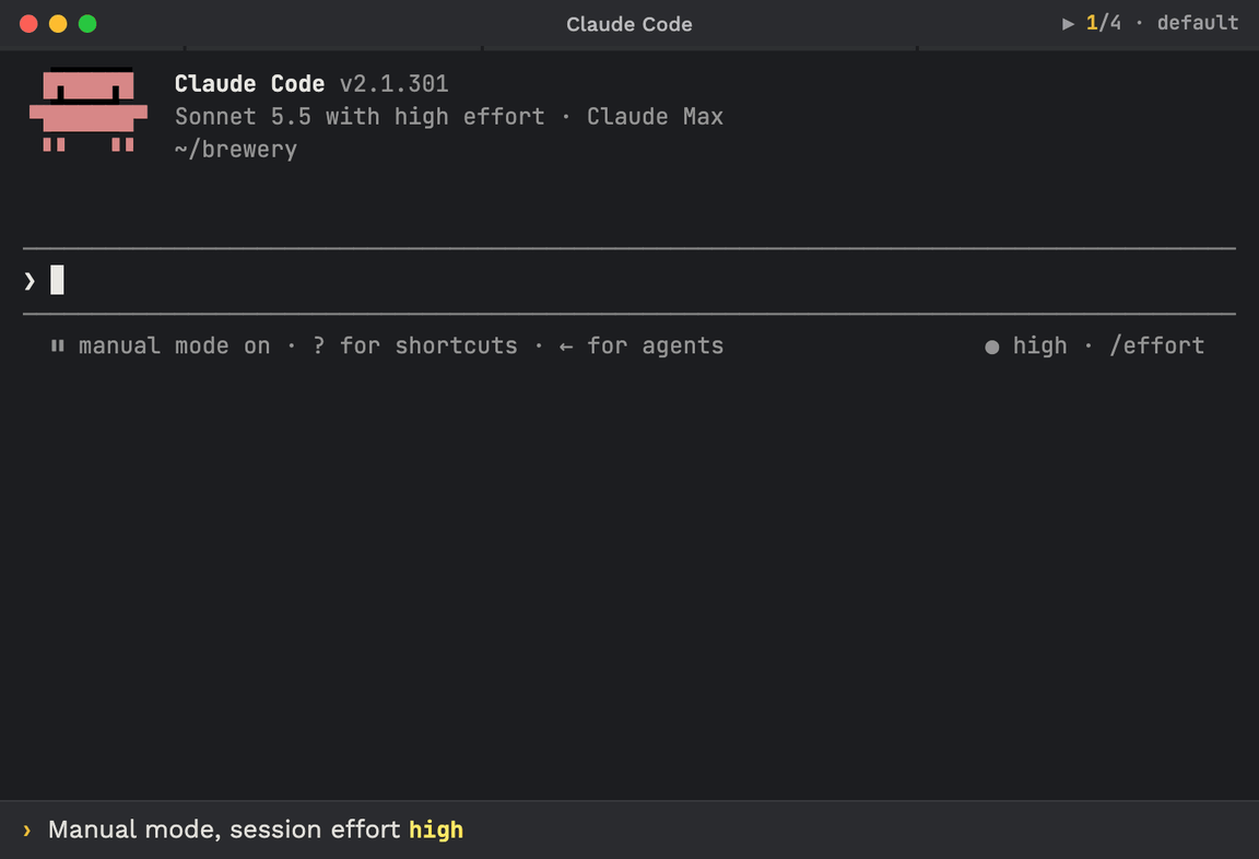 Claude Code terminal recorded from a real session, session effort high: Shift+Tab twice from manual mode through accept edits into plan mode, no row yet; the first prompt shows the toast brewmod-plan-effort: plan mode · effort raised to xhigh and a teal row, in Claude Code's plan-mode colour, plan mode · effort xhigh for this mode · change: /plan-effort <level> above the prompt, which stays after the answer; Shift+Tab out of plan mode (to auto mode) removes the row.